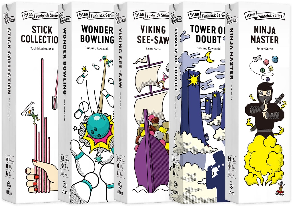 Game Shelf – Itten Funbrick Series kolekcija: Stick Collection, Wonder Bowling, Viking See-Saw, Tower of Doubt ir Ninja Master – japoniški vakarėlių žaidimai spalvingose siauro formato dėžutėse.